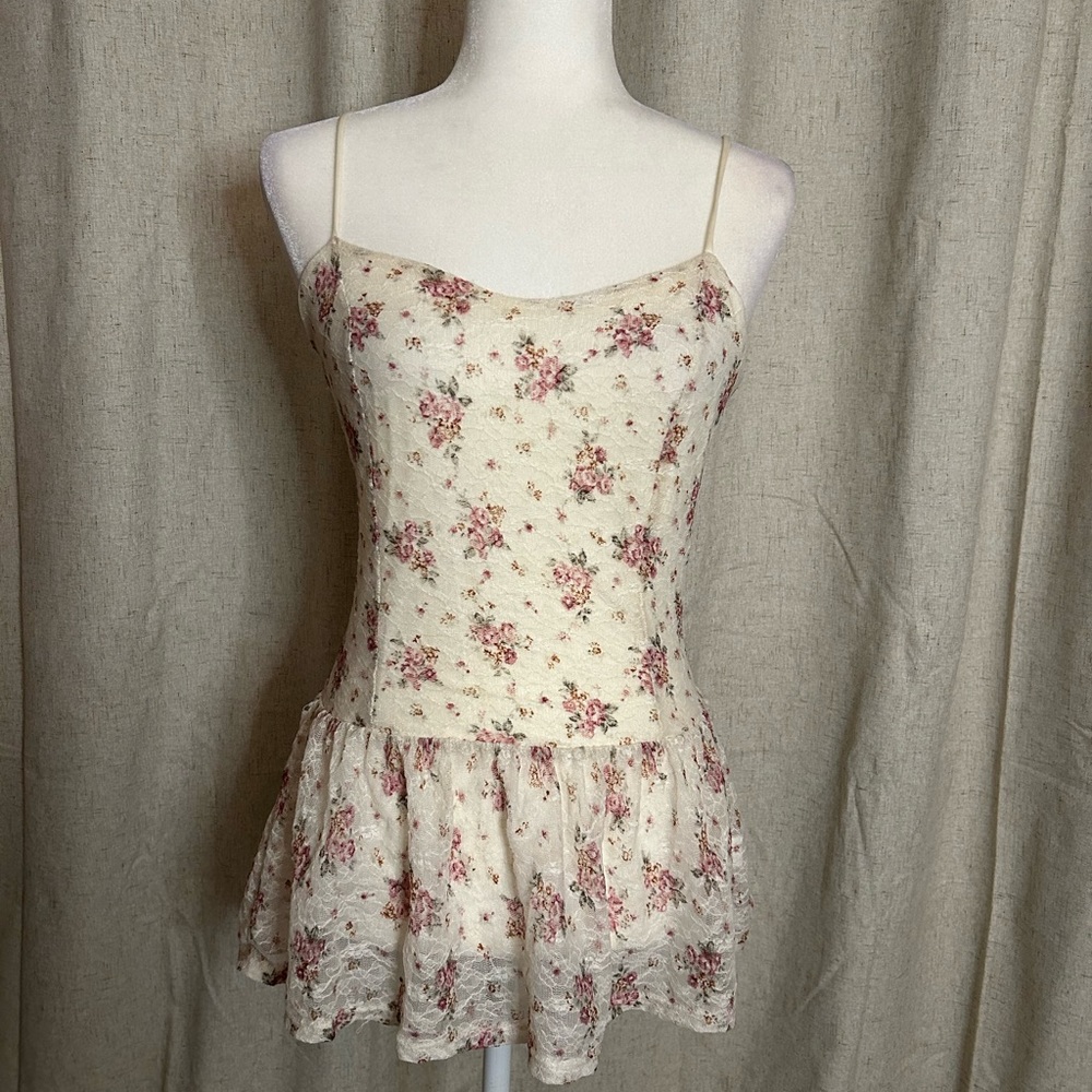 Finn & Clover Cottage Fairy Spaghetti Strap Floral Lace Ruffle Blouse Top